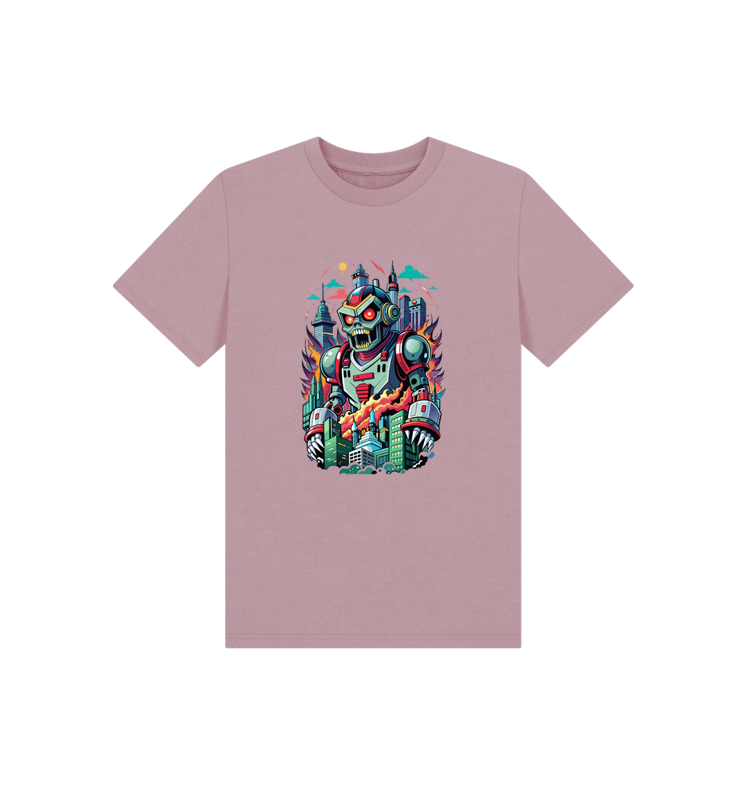 Pink t-shirt with robot and city design
