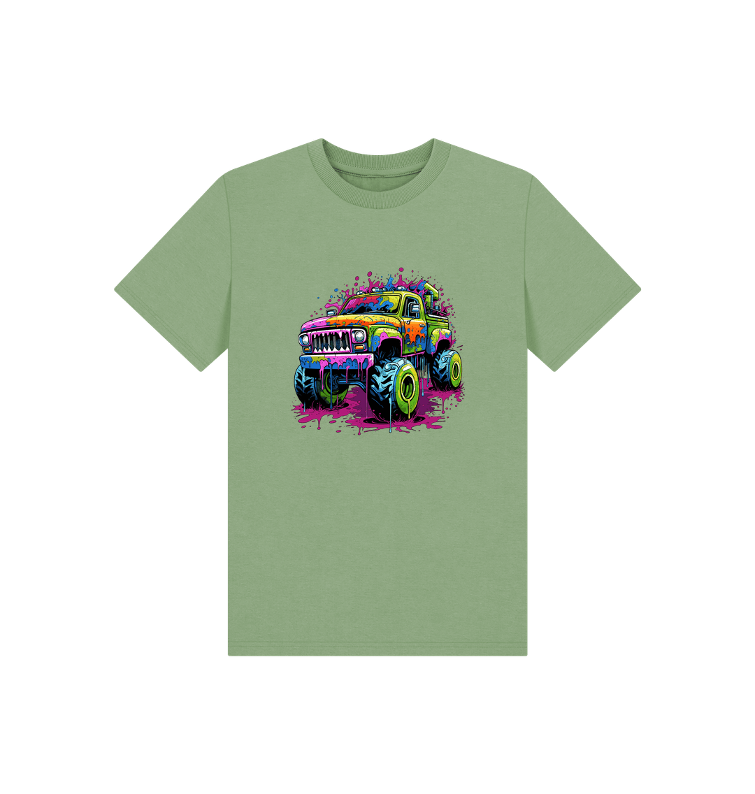 Green t-shirt with colorful monster truck graphic