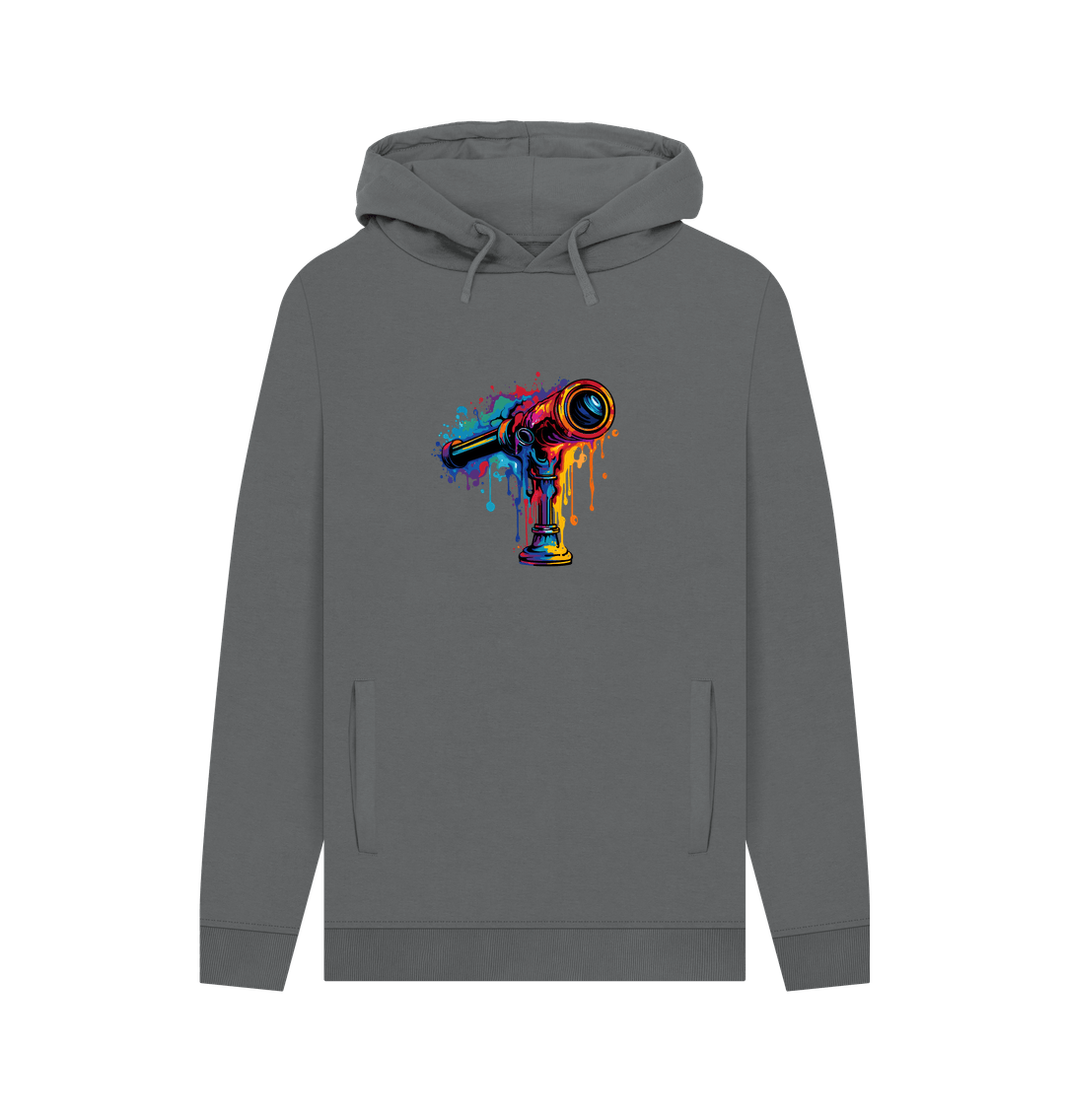 Gray hoodie with colorful telescope graphic