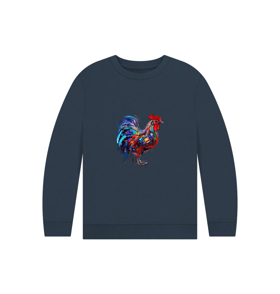 Dark blue sweatshirt with colorful rooster design