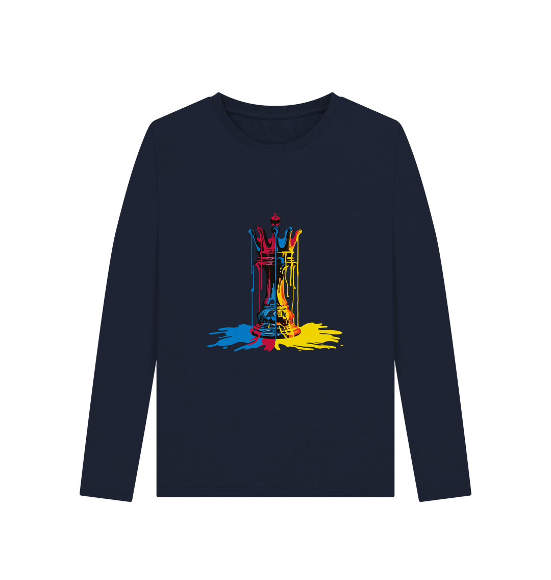 Navy blue long-sleeved t-shirt with colorful graphic