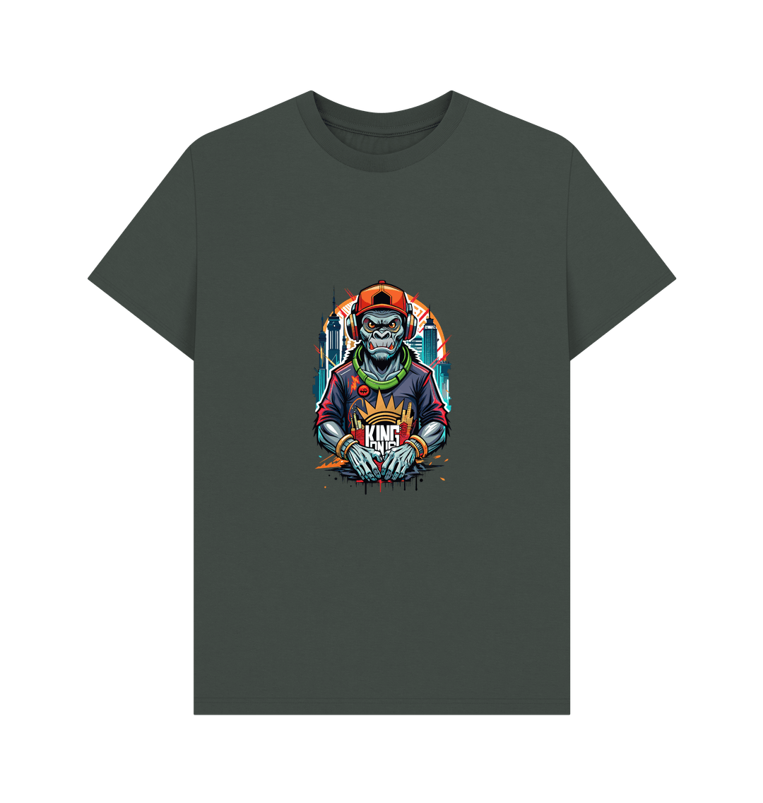 Dark green t-shirt with colorful monkey graphic