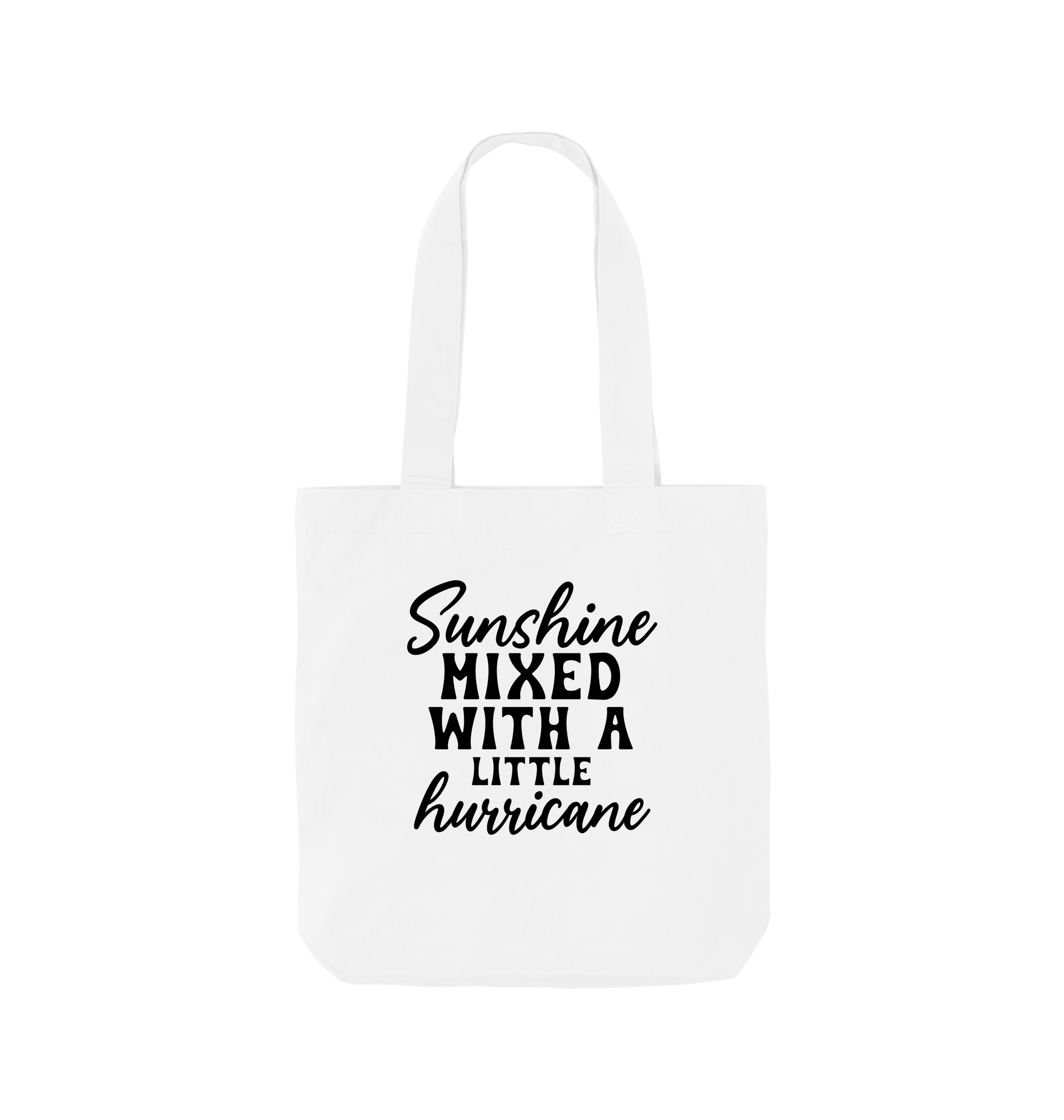 White tote bag with text design