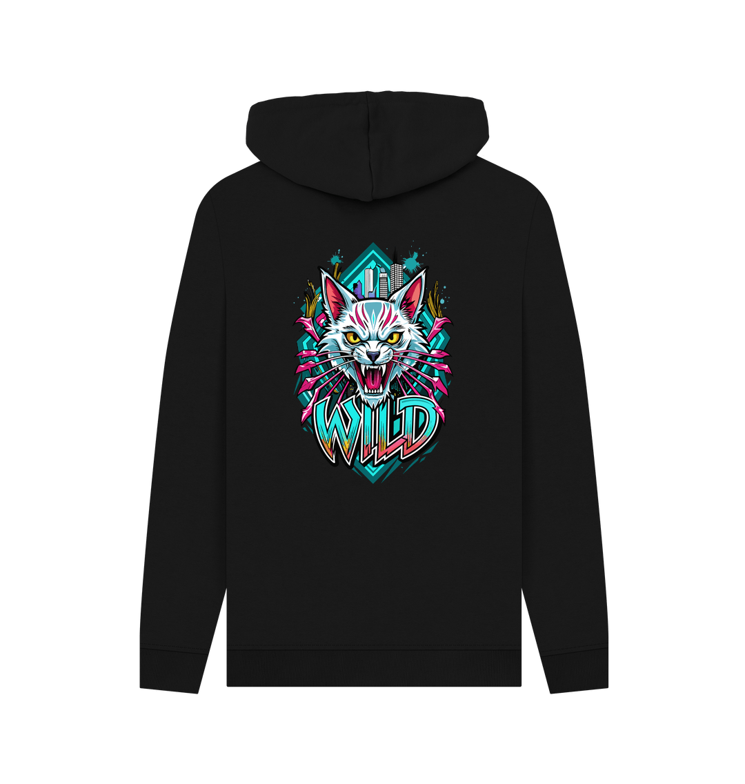 Black hoodie with colorful wolf graphic