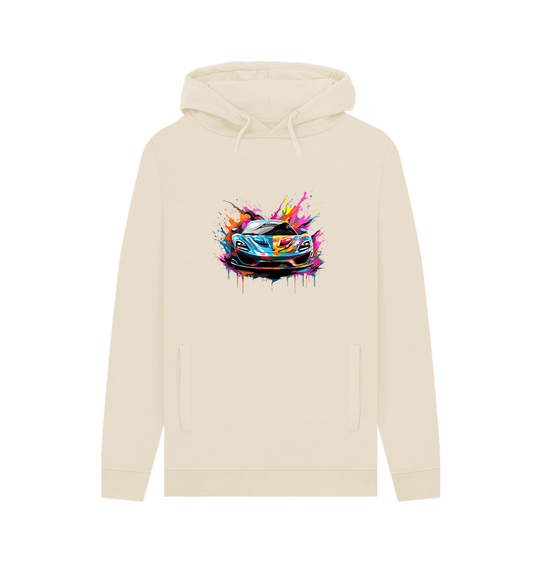 Cream hoodie with colorful car graphic
