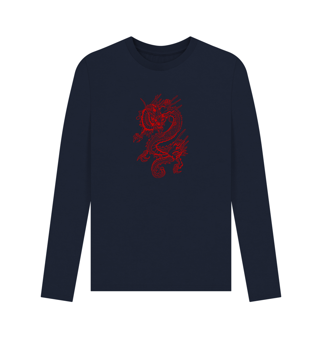 Navy blue long-sleeved t-shirt with red dragon design