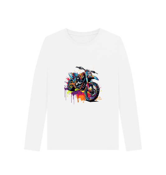 White long-sleeved t-shirt with colorful motorcycle graphic