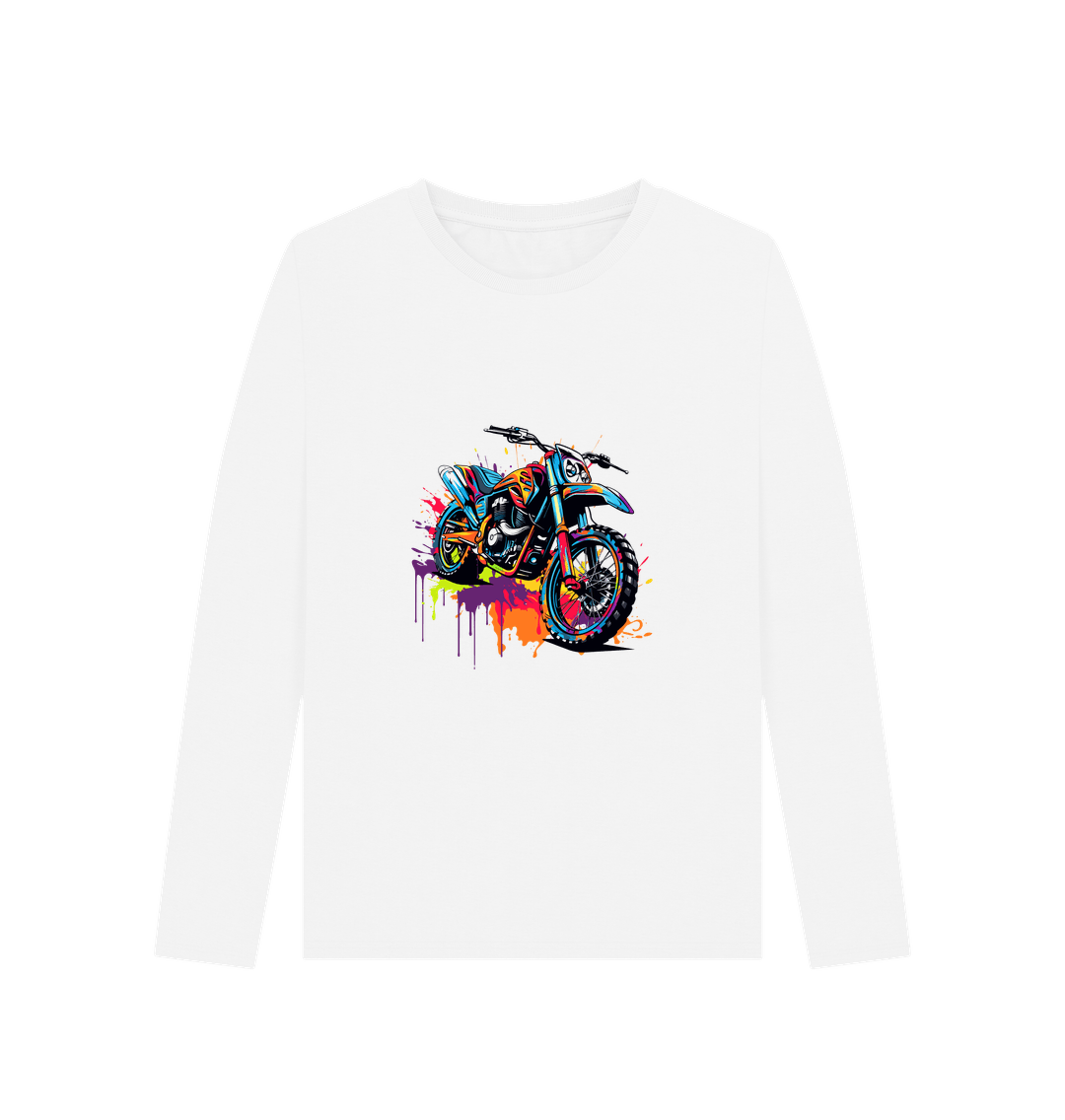 White long-sleeved t-shirt with colorful motorcycle graphic