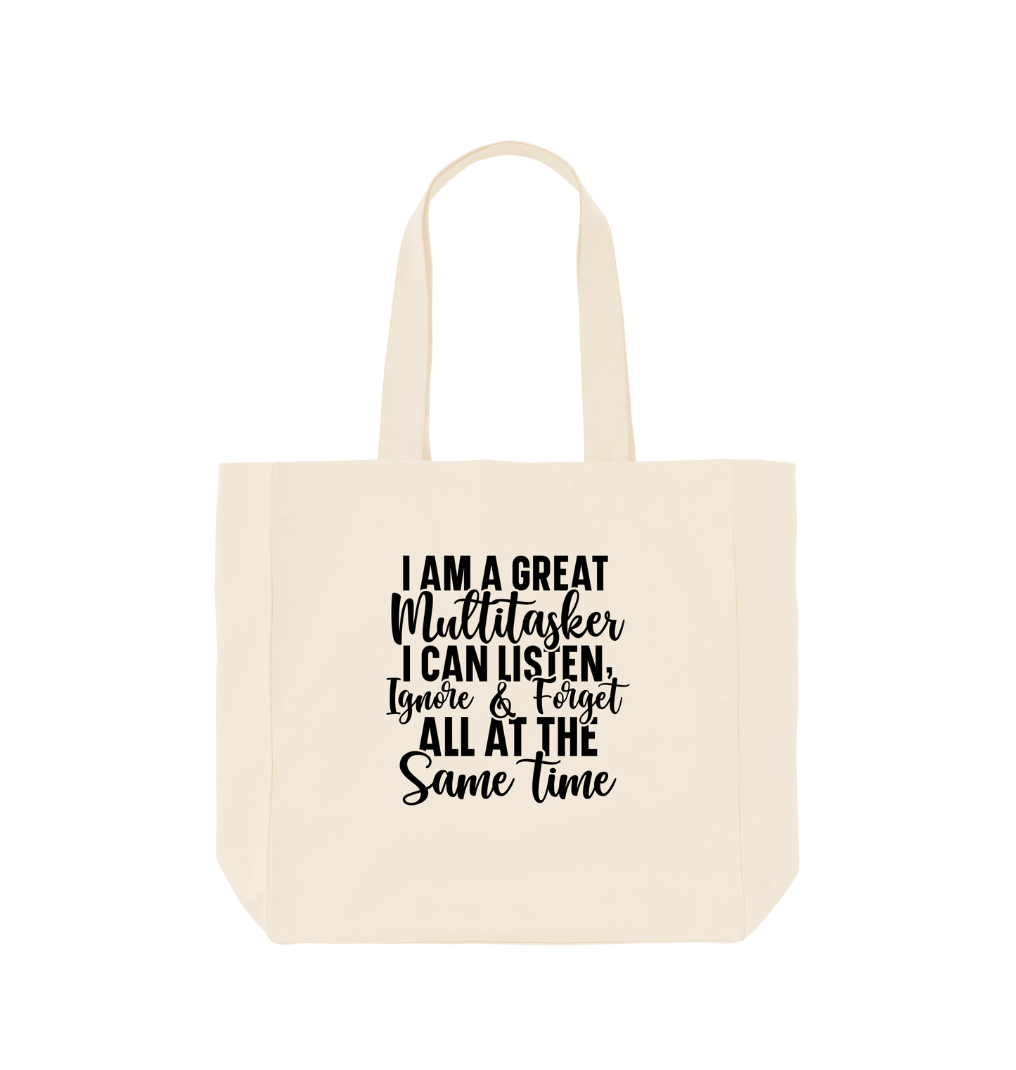 White tote bag with text design