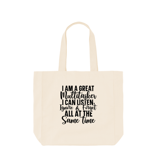 White tote bag with text design