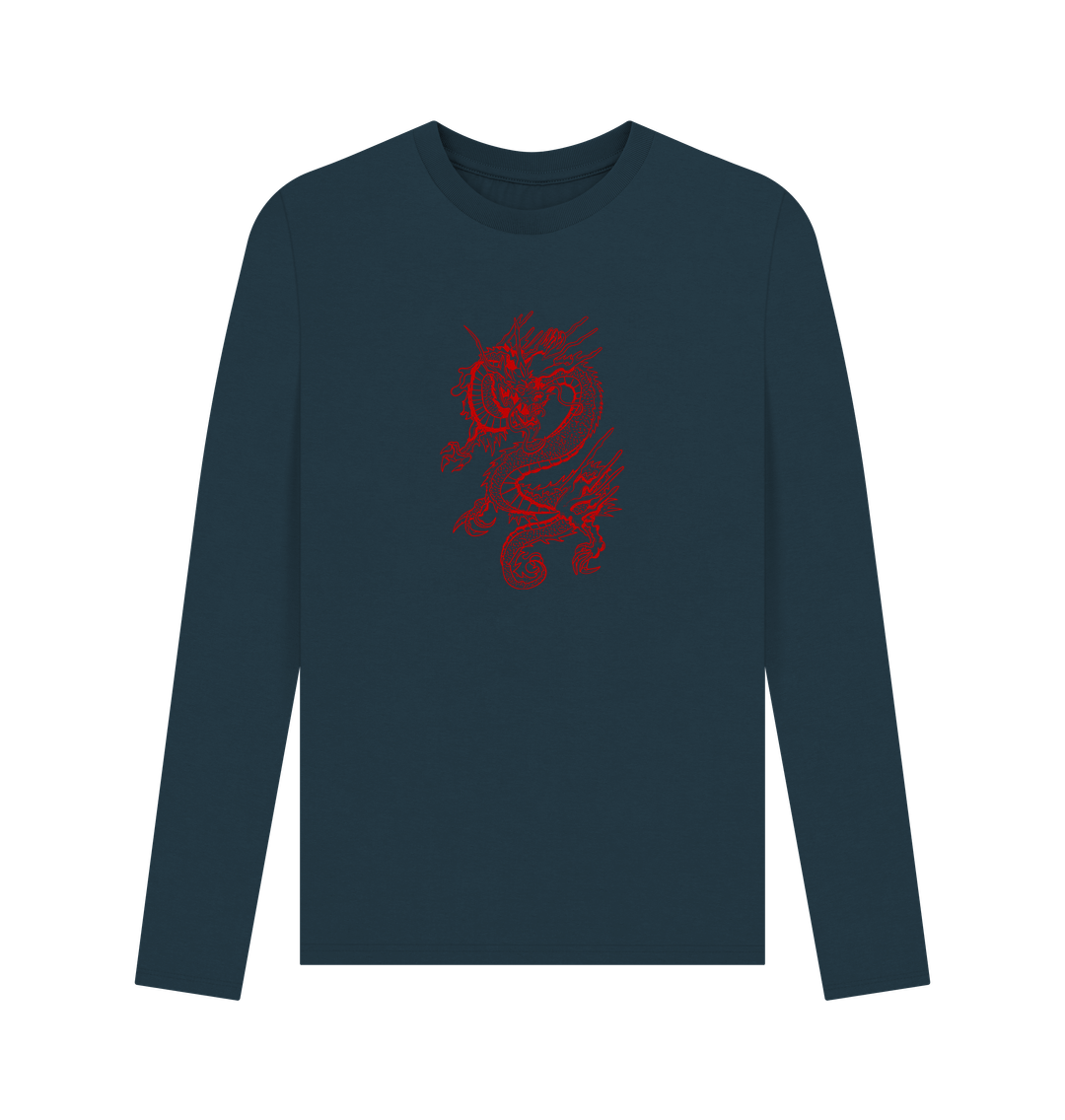 Dark blue long-sleeved t-shirt with red dragon design