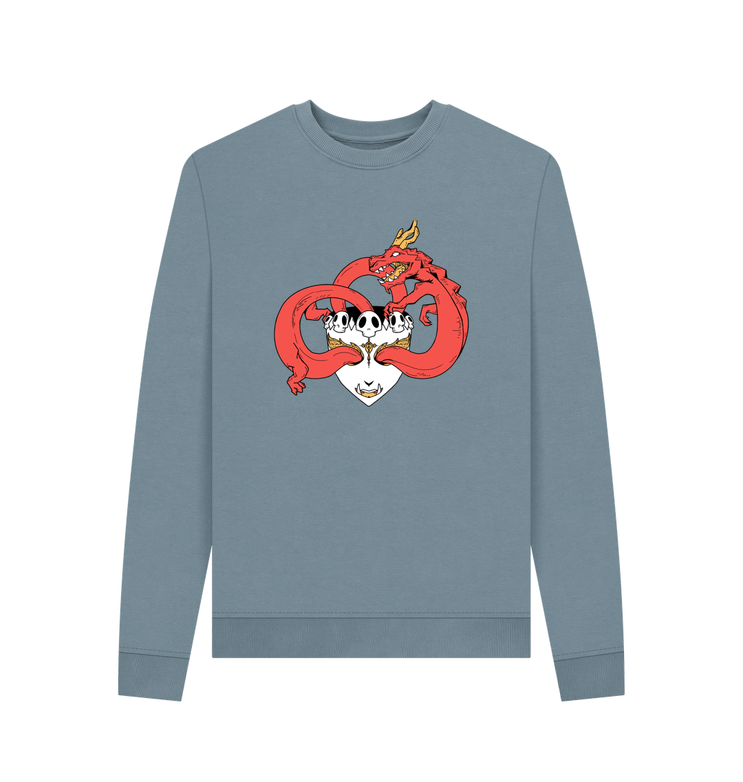 Blue sweatshirt with red dragon and skull design