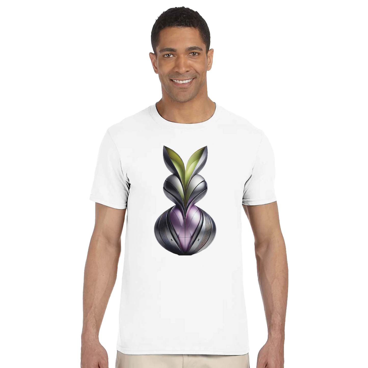 White t-shirt with abstract metallic design (person)