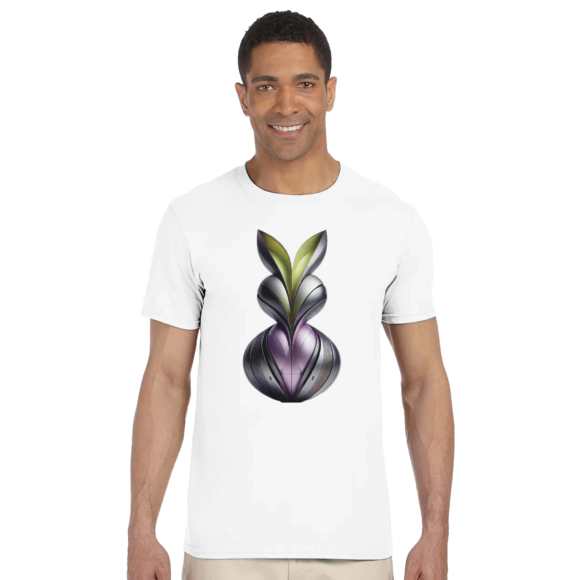 White t-shirt with abstract metallic design (person)