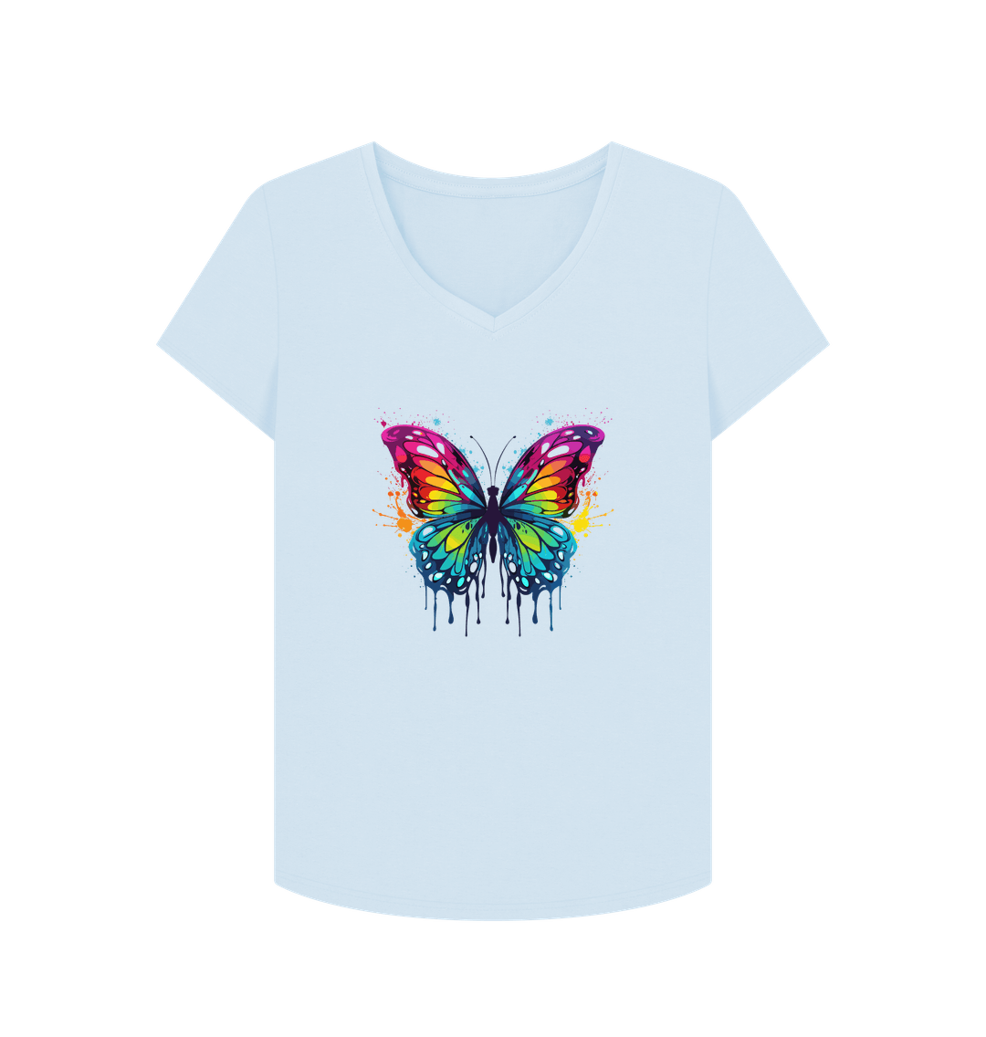 White t-shirt with colorful butterfly design