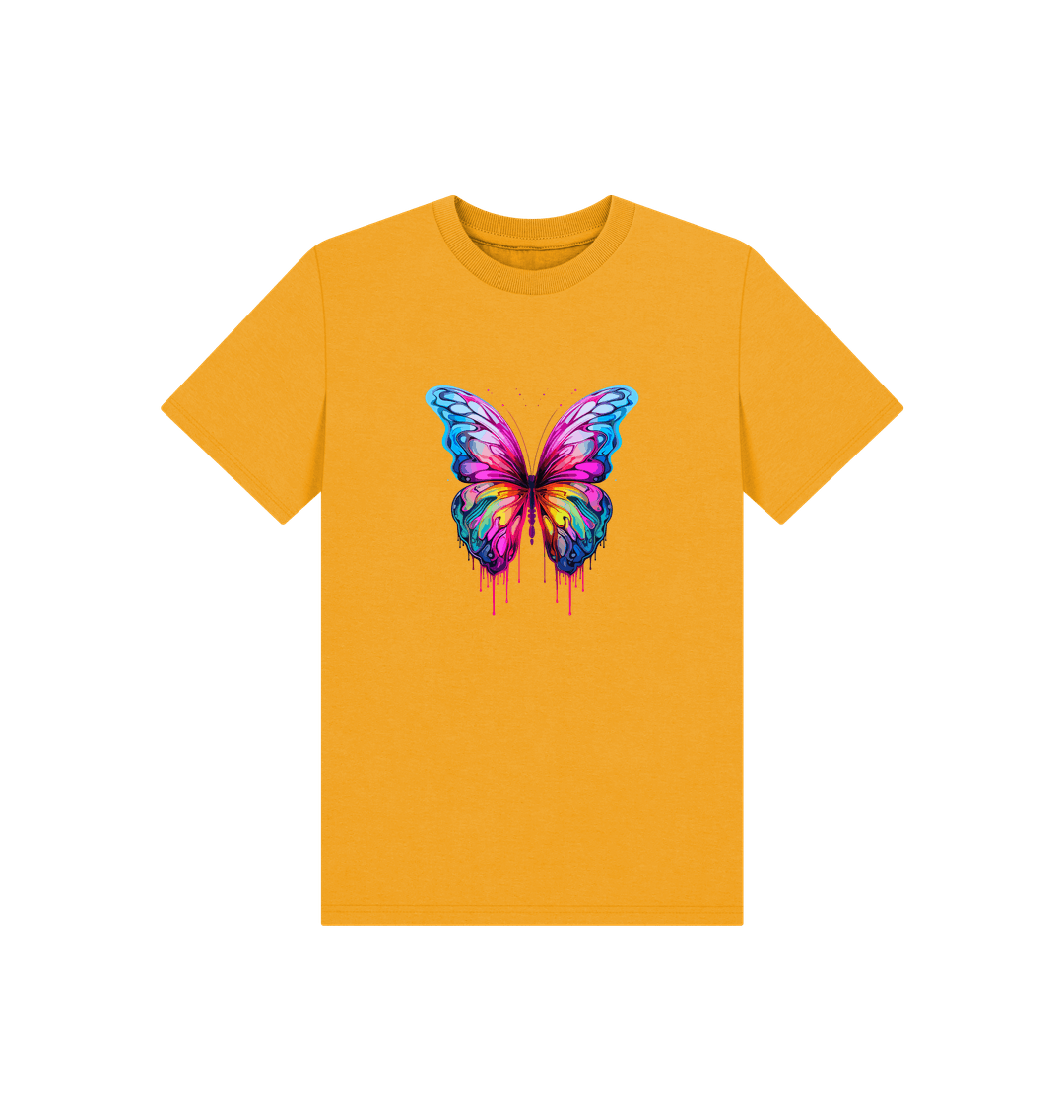 Yellow t-shirt with colorful butterfly design