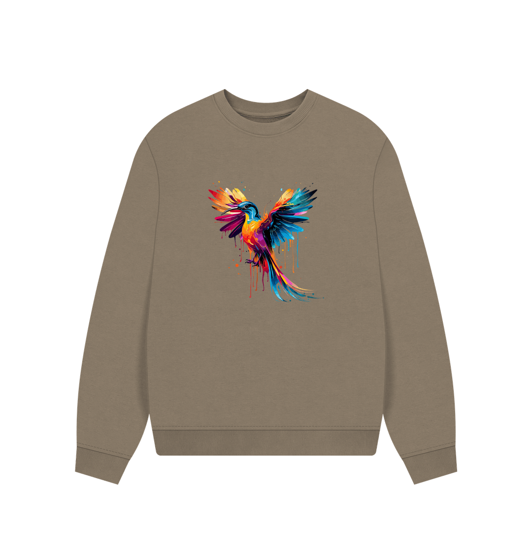 Brown sweatshirt with colorful bird graphic