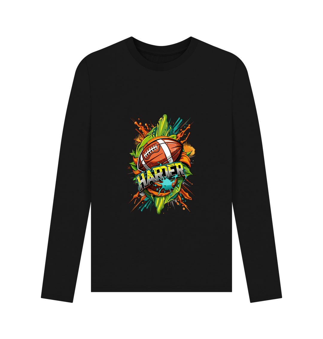 Black long-sleeved t-shirt with football graphic