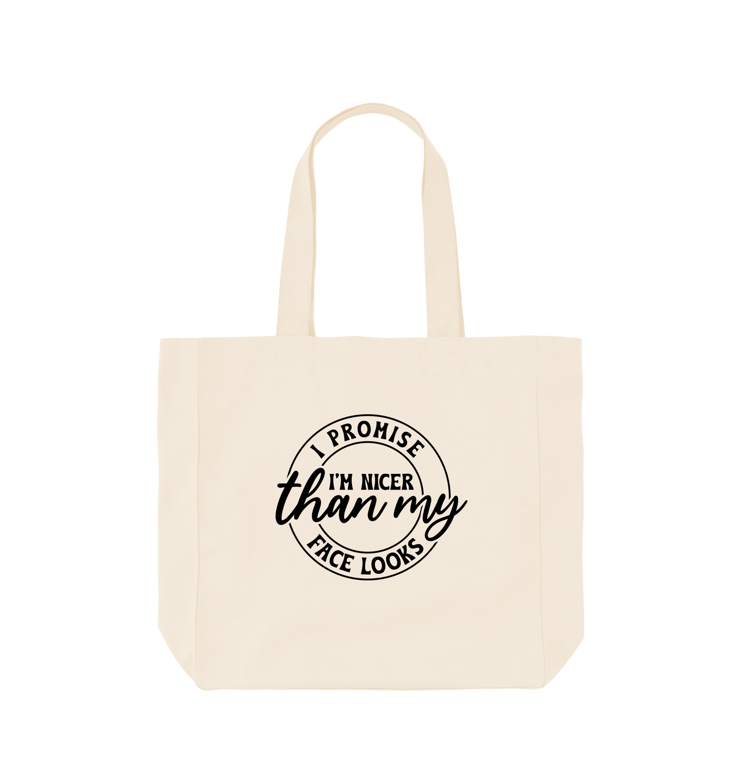 White tote bag with circular text design