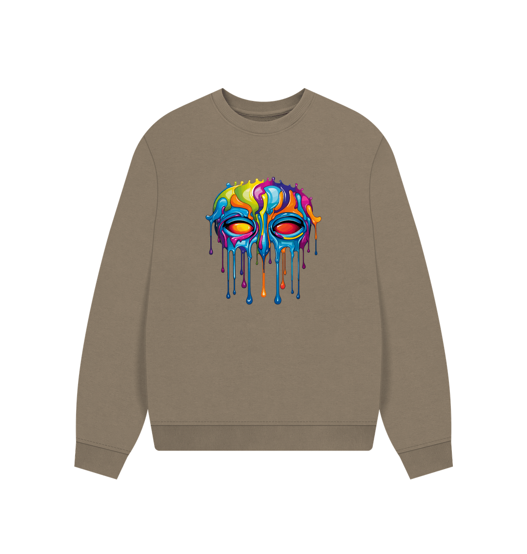 Brown sweatshirt with colorful dripping paint design