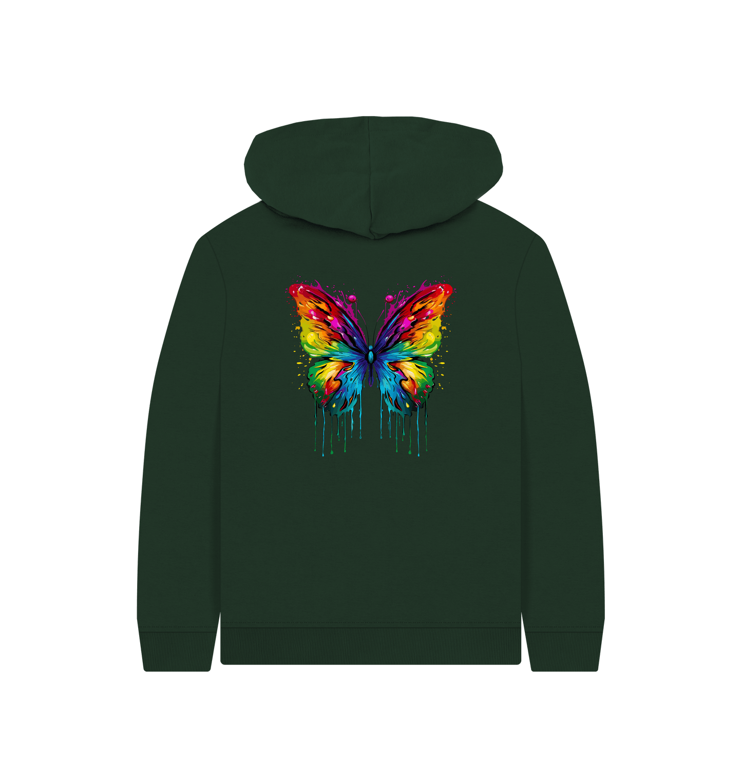 Dark green hoodie with colorful butterfly design