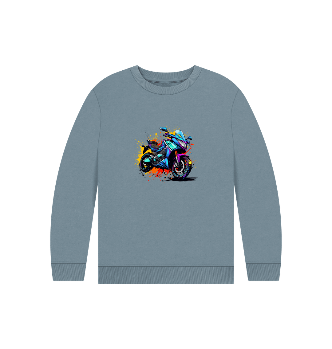 Blue sweatshirt with motorcycle graphic