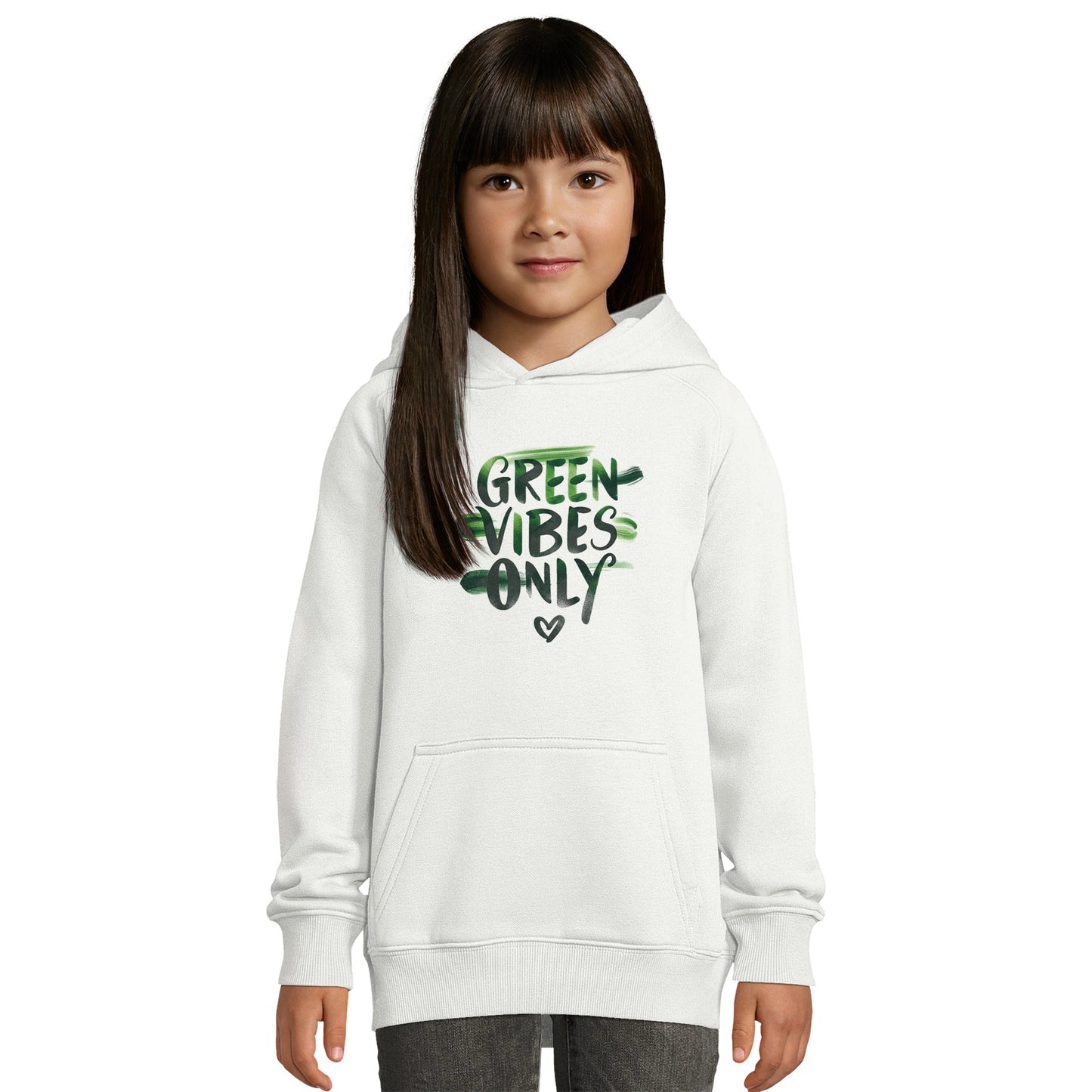 White hoodie with "Green Vibes Only" text (person)