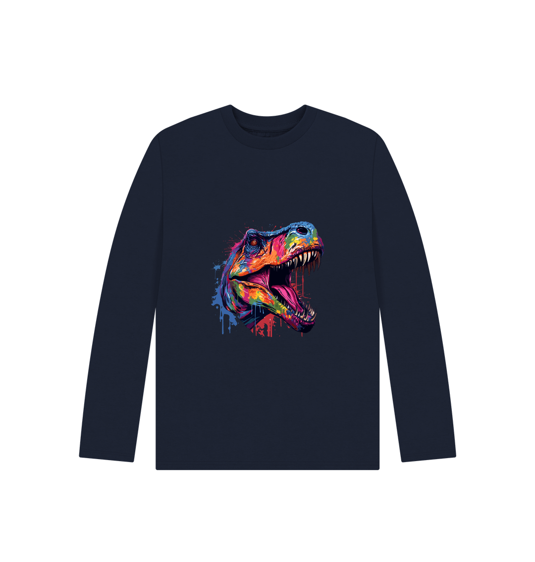 Colorful dinosaur head graphic on long-sleeve t-shirt