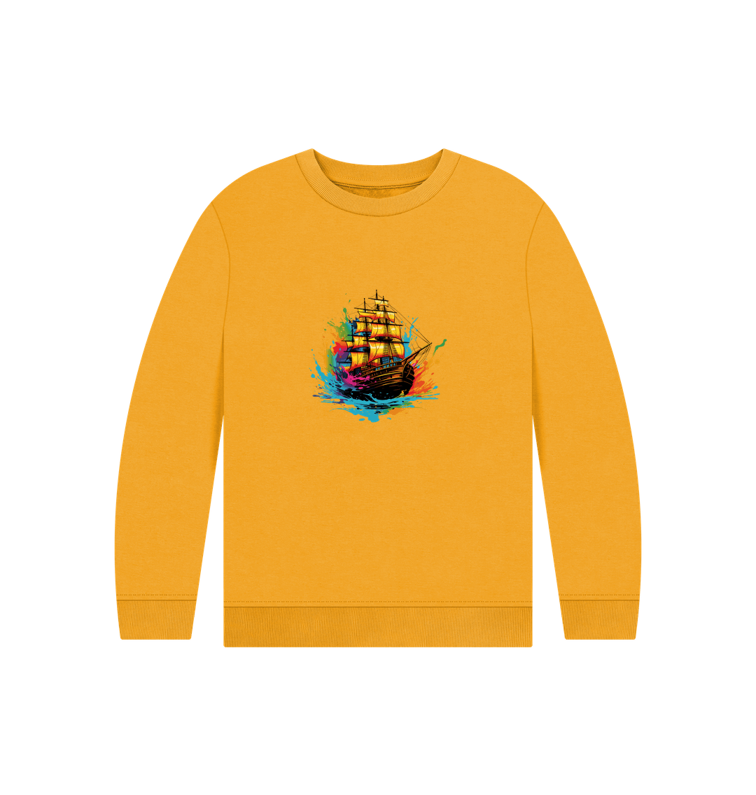 Yellow sweatshirt with colorful ship design