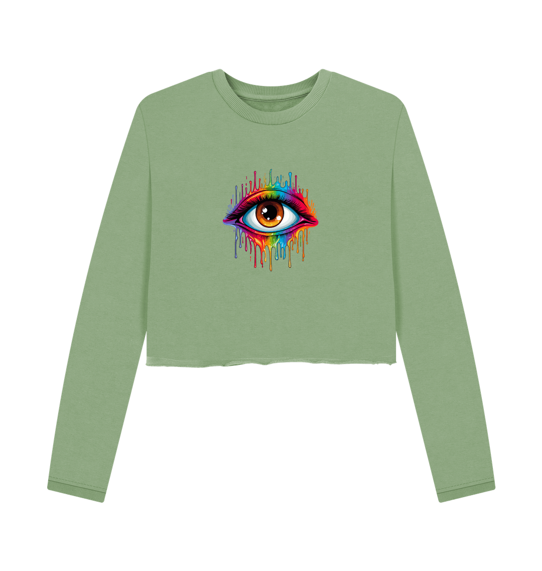 Green cropped sweatshirt with colorful eye graphic