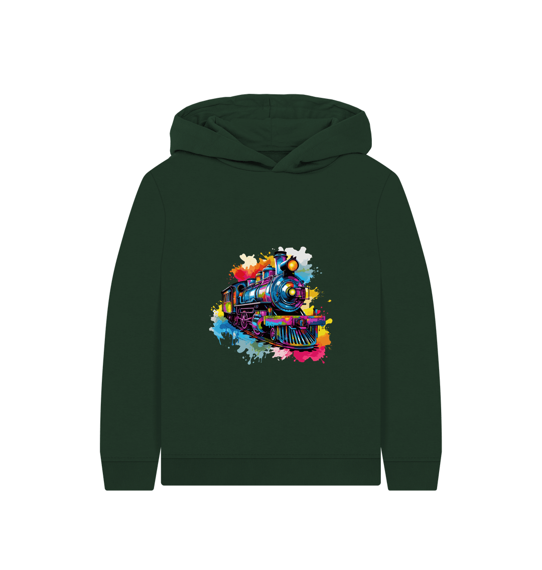 Dark green hoodie with colorful train graphic