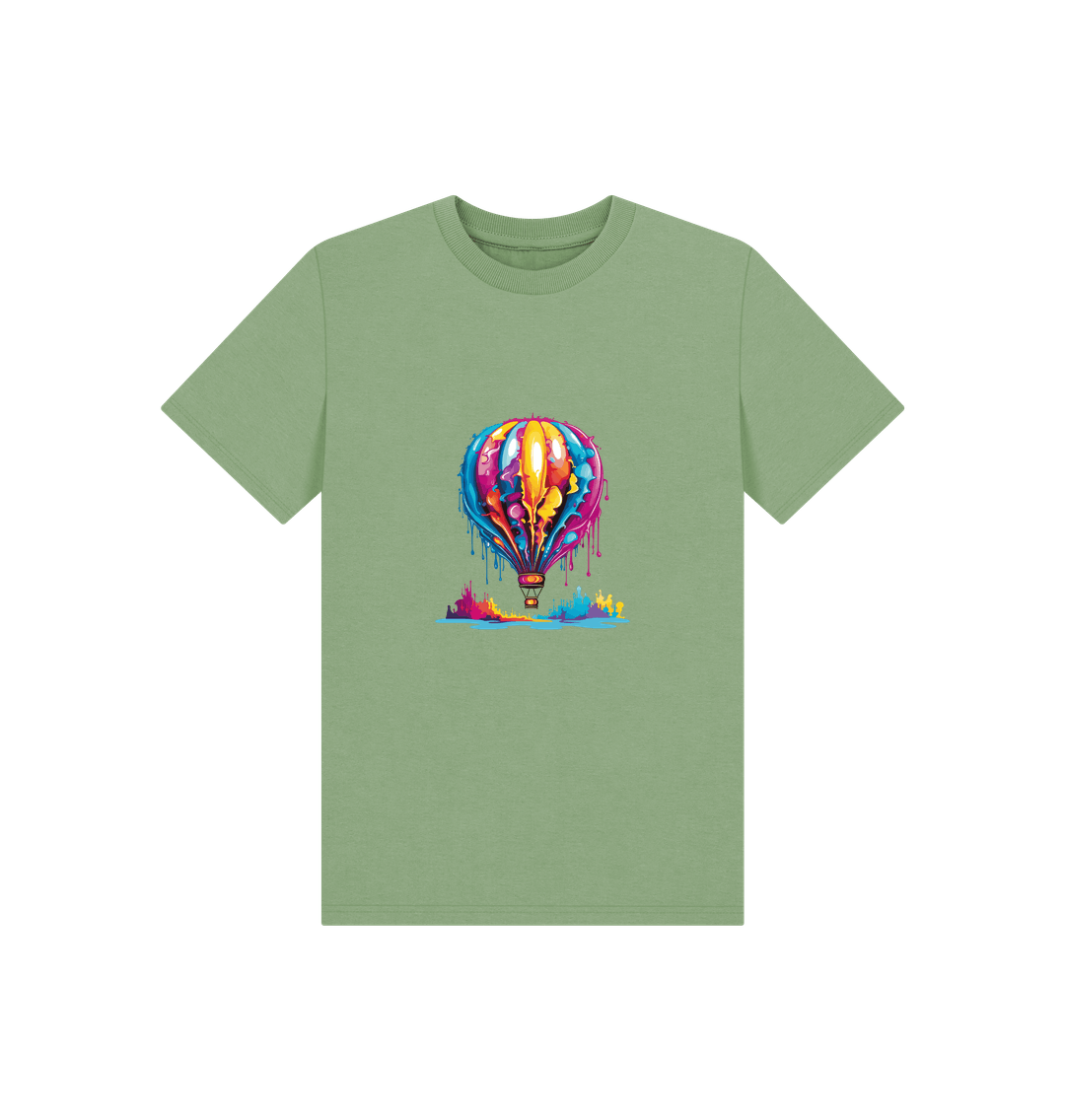 Green t-shirt with colorful hot air balloon graphic