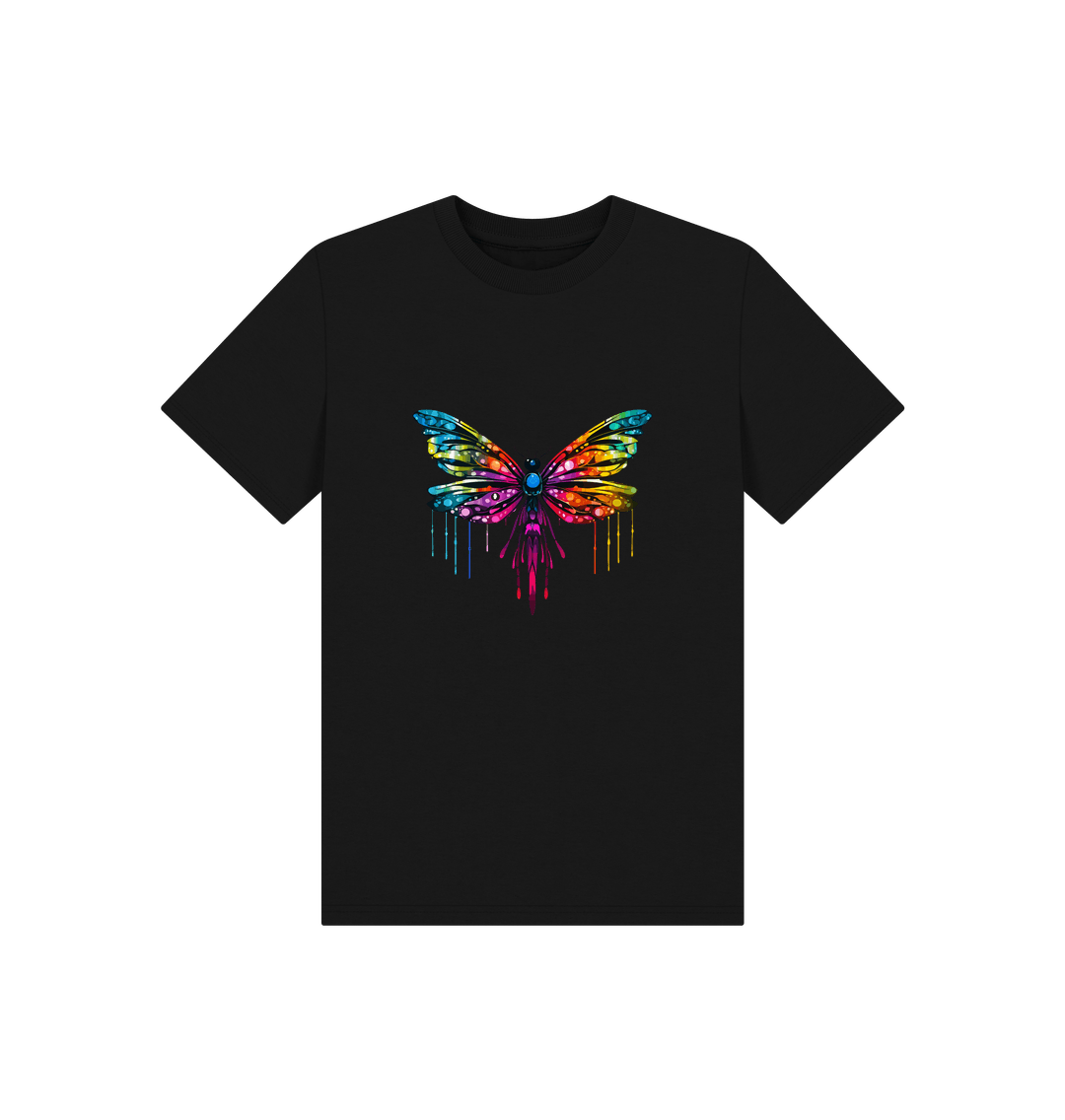Black t-shirt with colorful butterfly design
