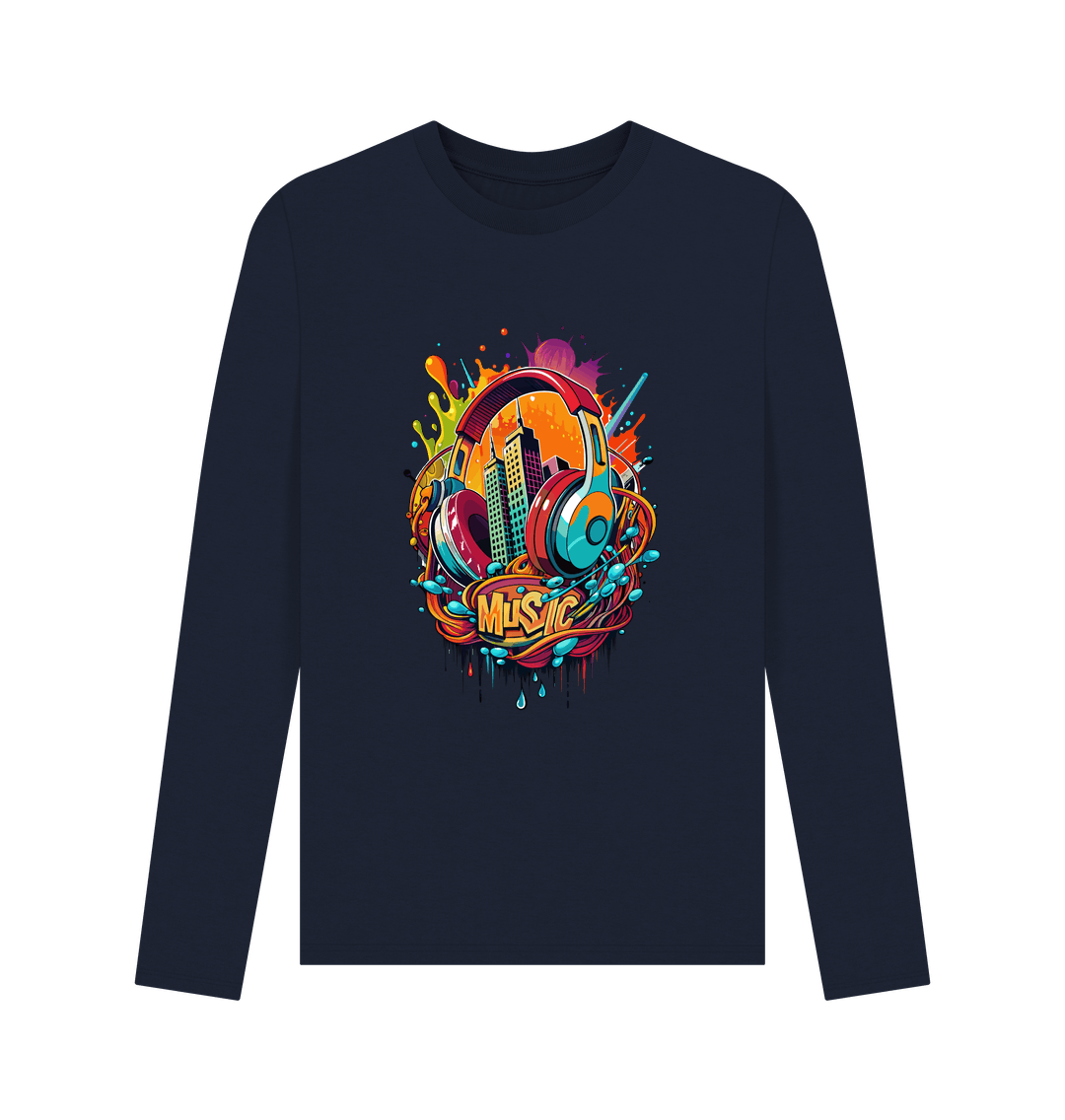 Long-sleeved t-shirt with colorful music-themed graphic