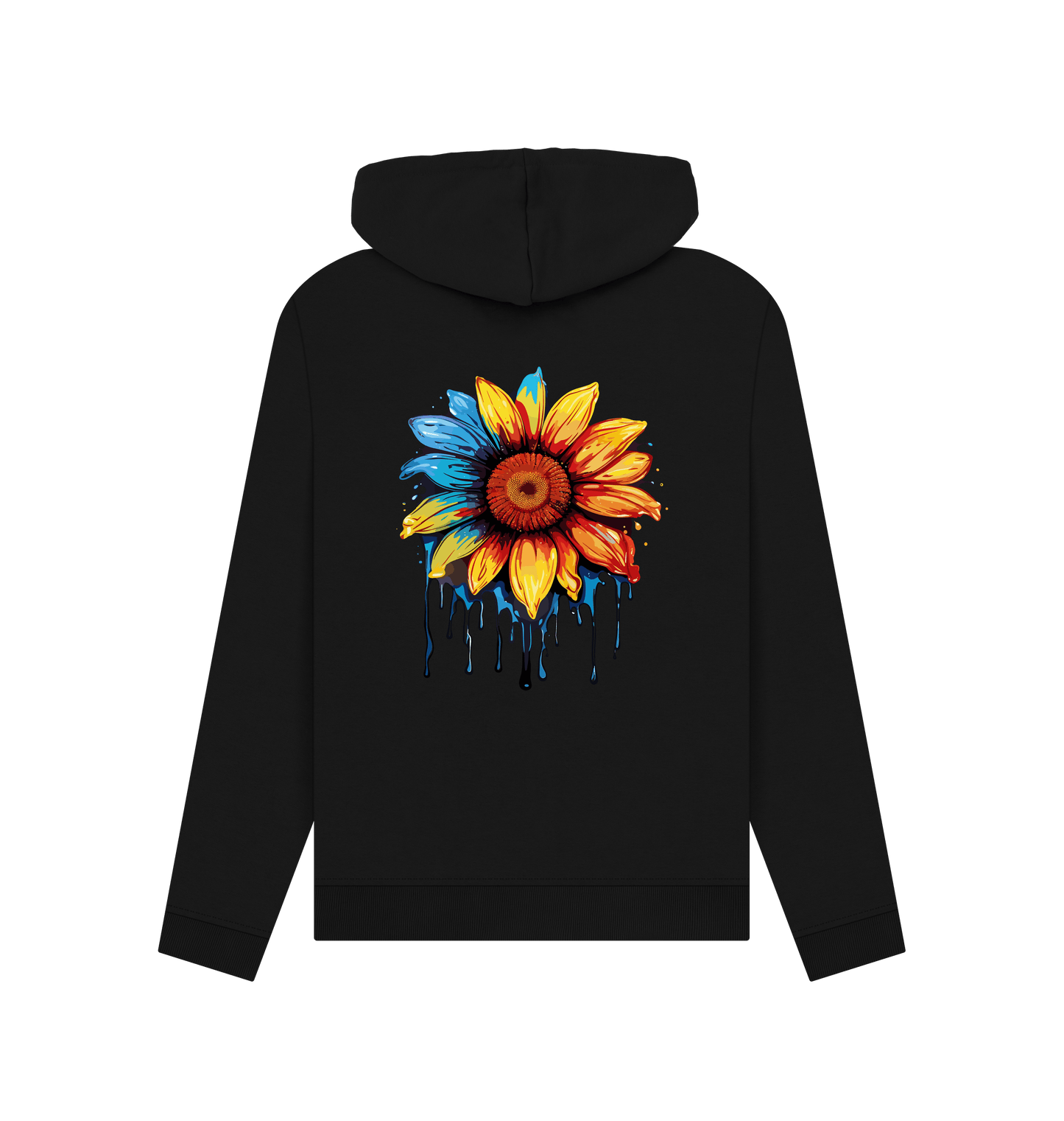 Black hoodie with colorful dripping sunflower design