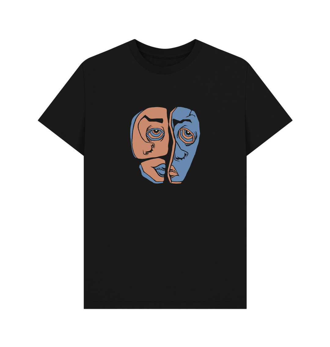 Black t-shirt with split face graphic