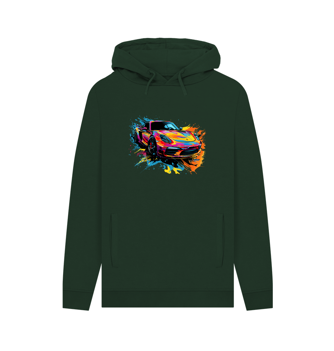 Dark green hoodie with colorful car graphic