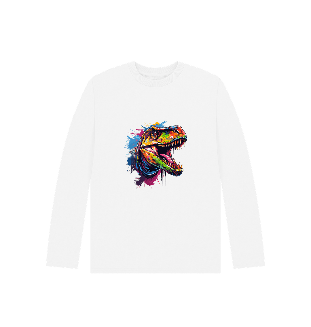 White long-sleeved t-shirt with colorful dinosaur graphic