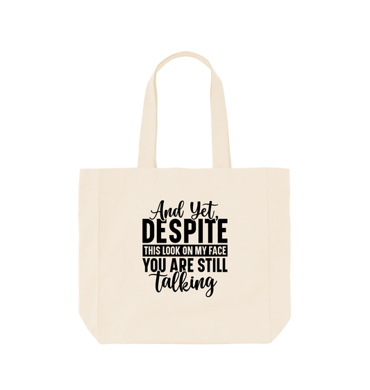 White tote bag with text design