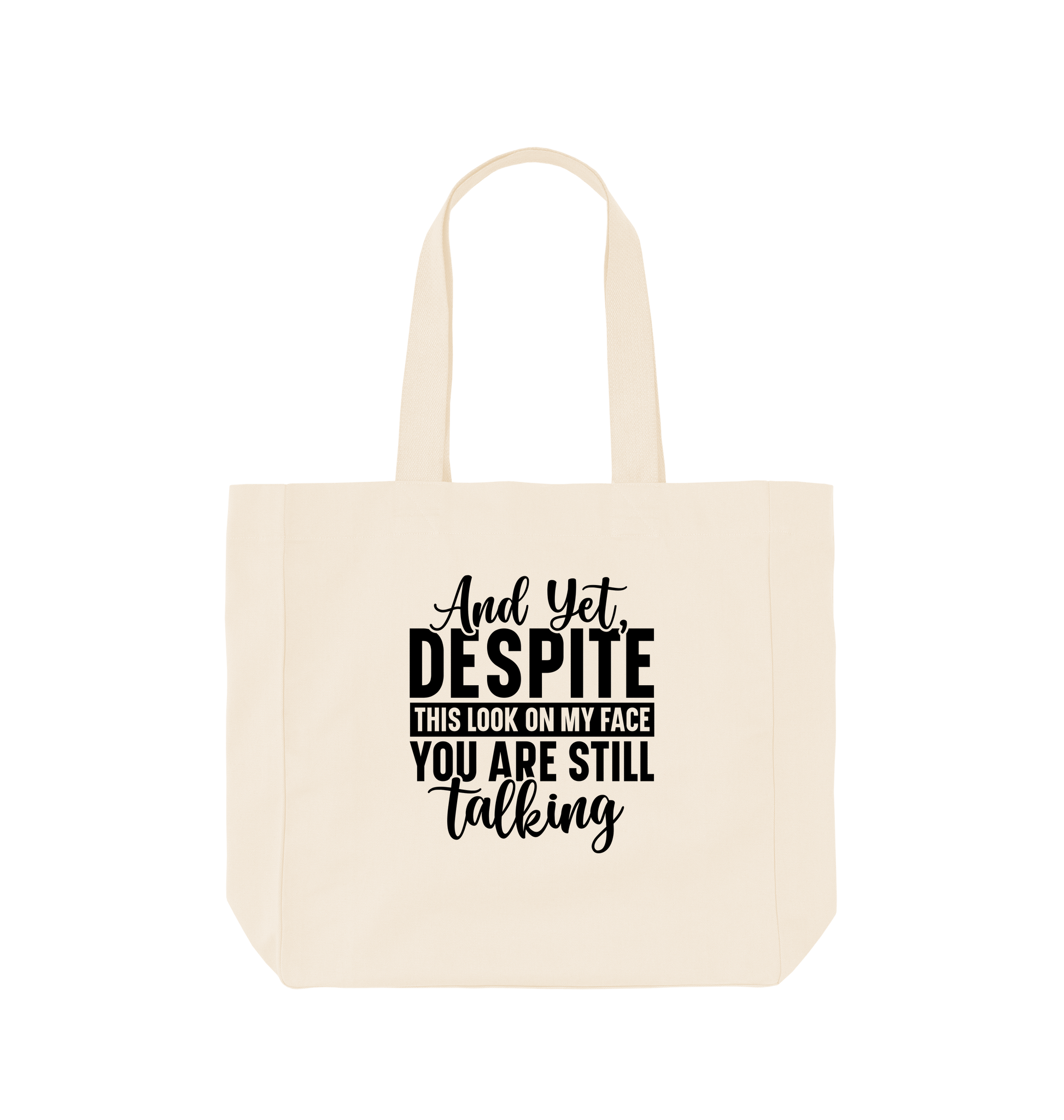 White tote bag with text design