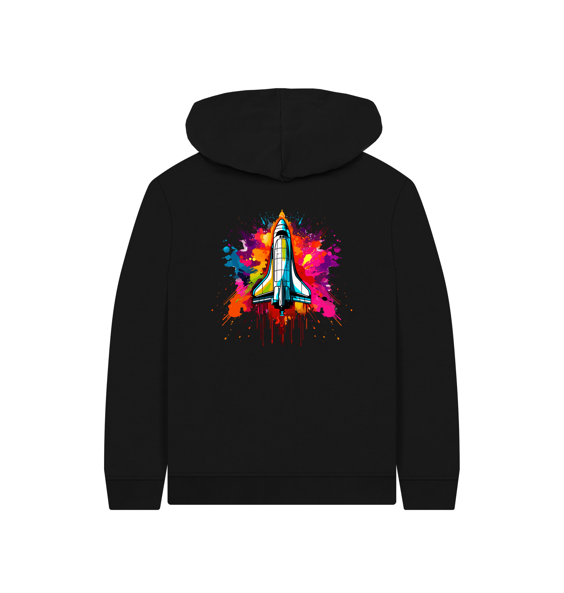 Black hoodie with colorful rocket graphic