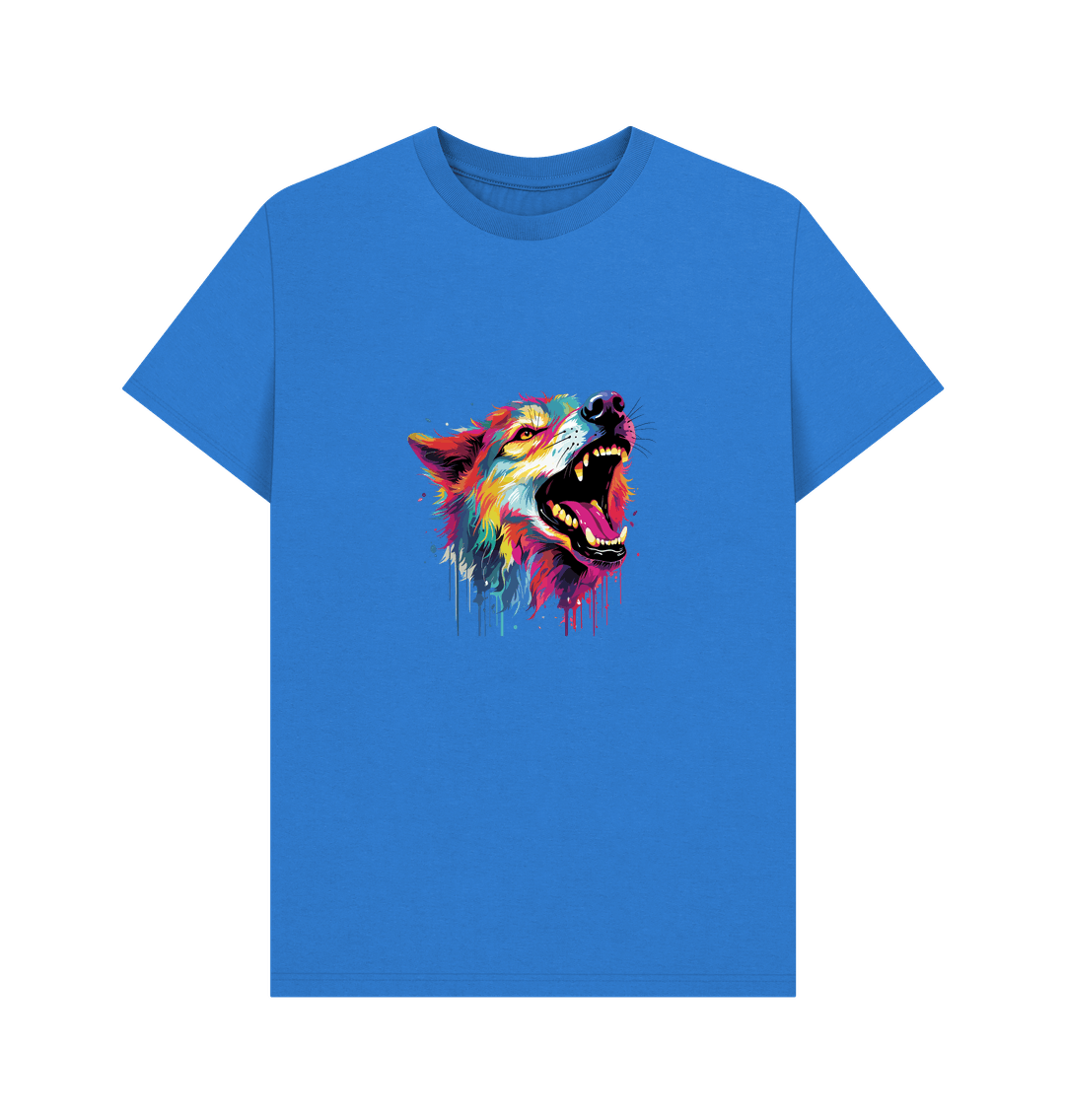 Blue t-shirt with colorful wolf graphic