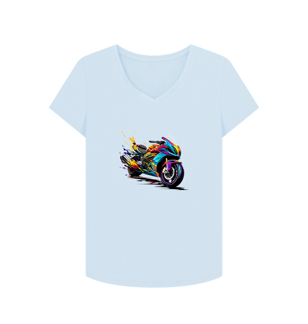 White V-neck t-shirt with colorful motorcycle graphic