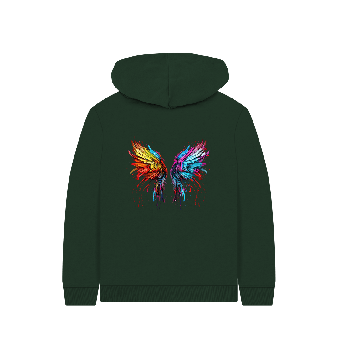 Dark green hoodie with colorful wings design