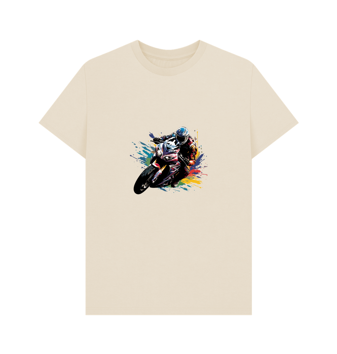 White t-shirt with motorcycle graphic