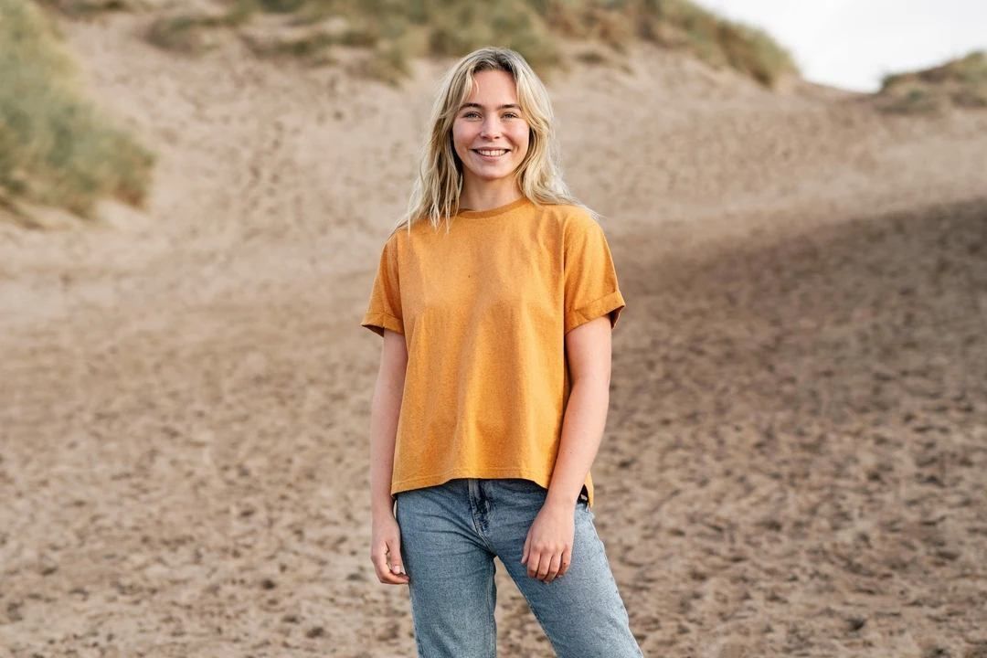 Mustard yellow oversized t-shirt (person)