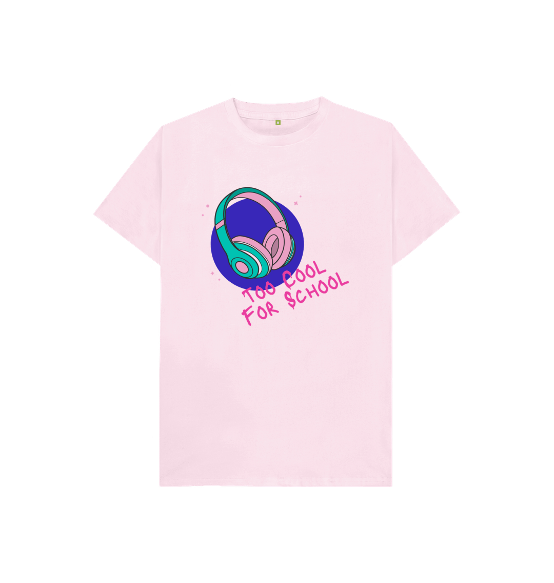 Pink t-shirt with headphones graphic and text