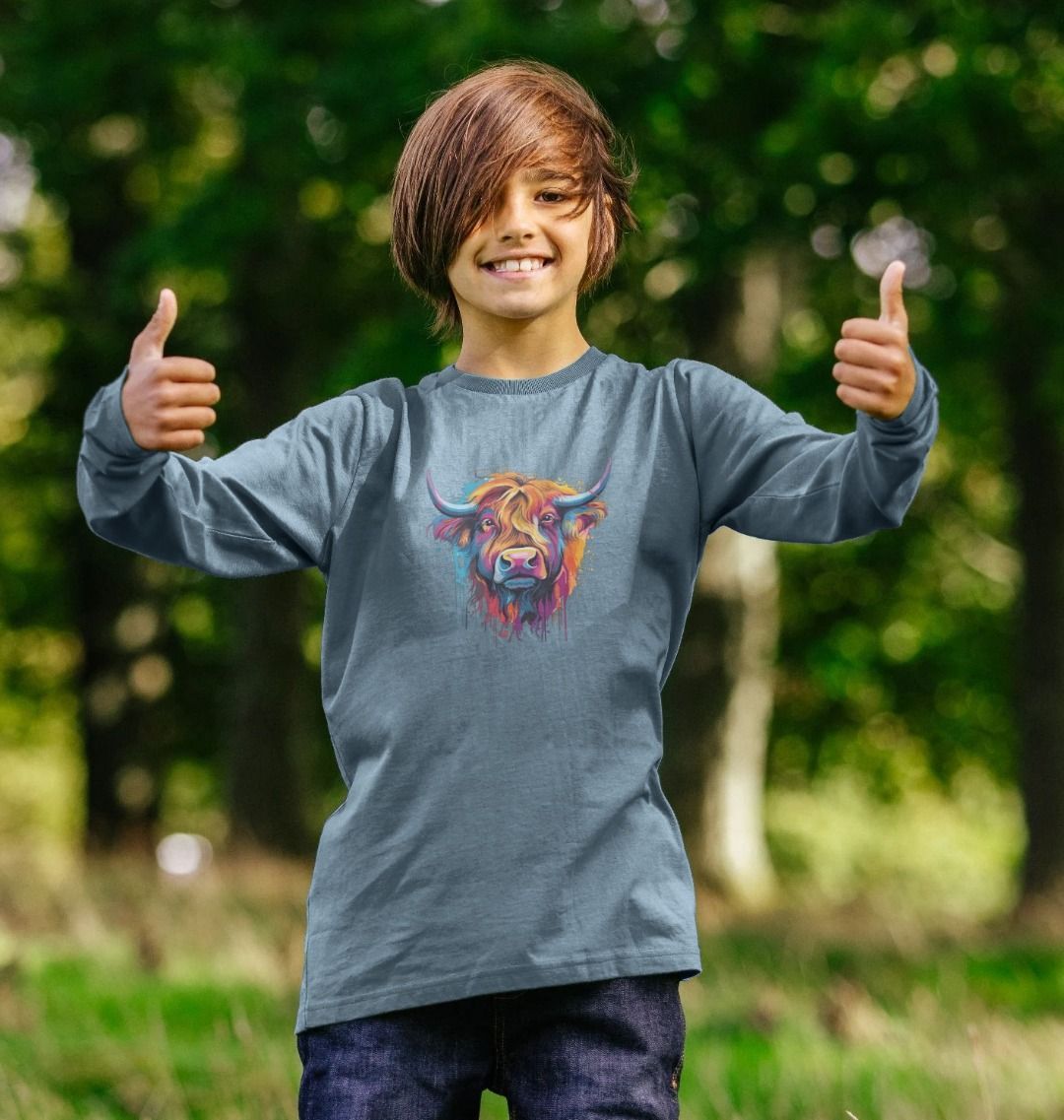 Child's long-sleeve t-shirt with colorful bull graphic (person)