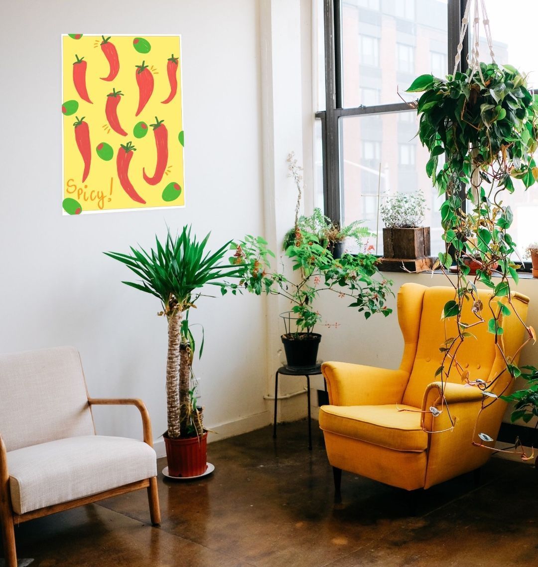 Bright yellow armchair with green plants