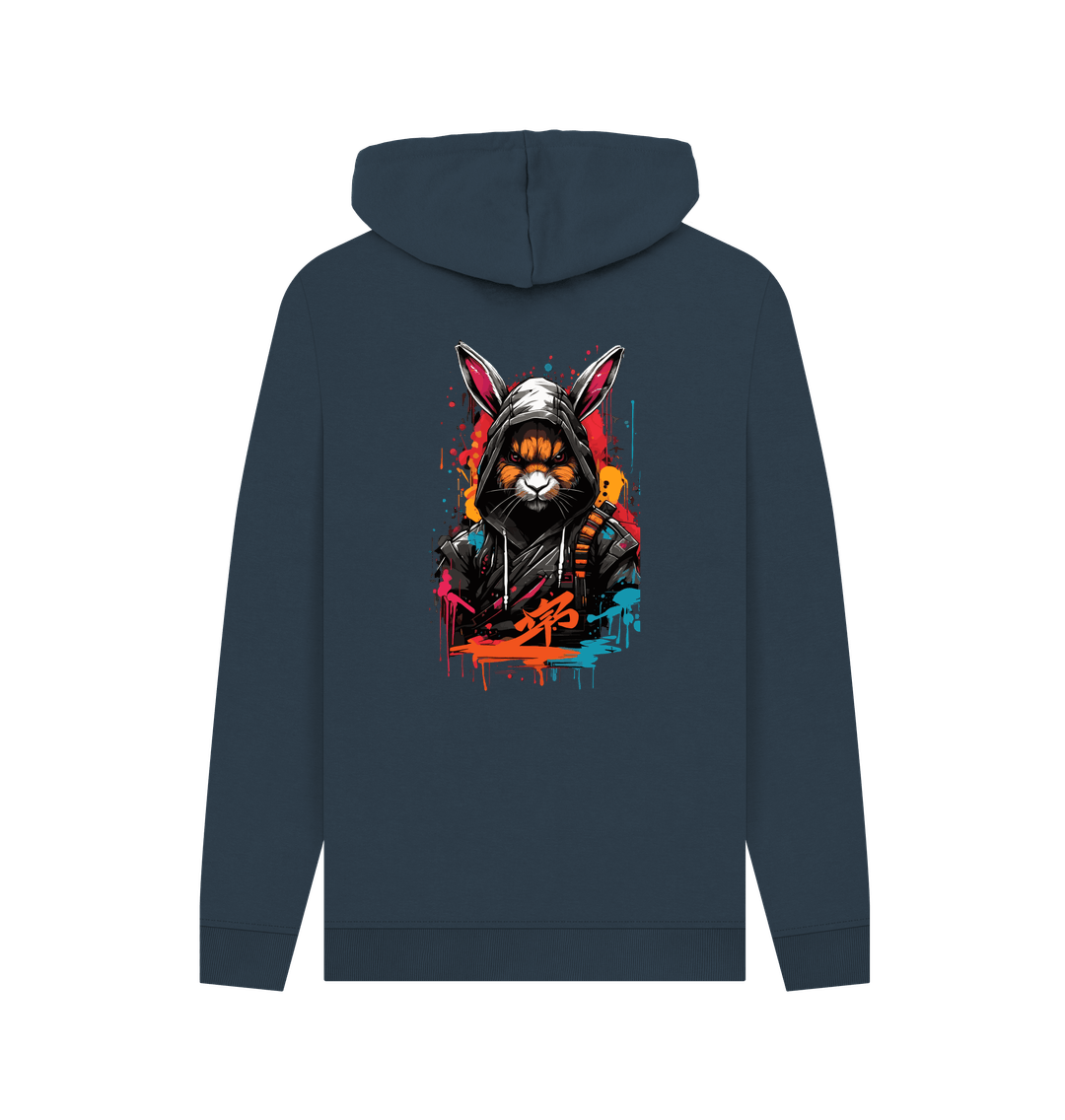 Dark blue hoodie with rabbit graphic